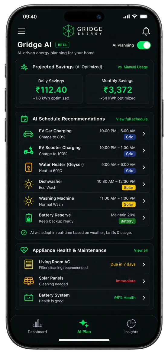 Gridge AI planning screen showing projected savings