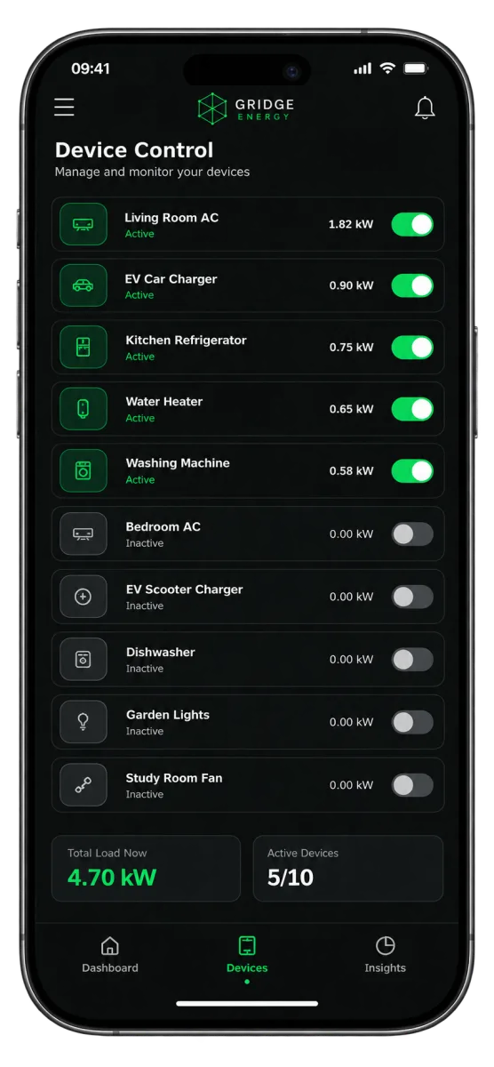Gridge app device control screen