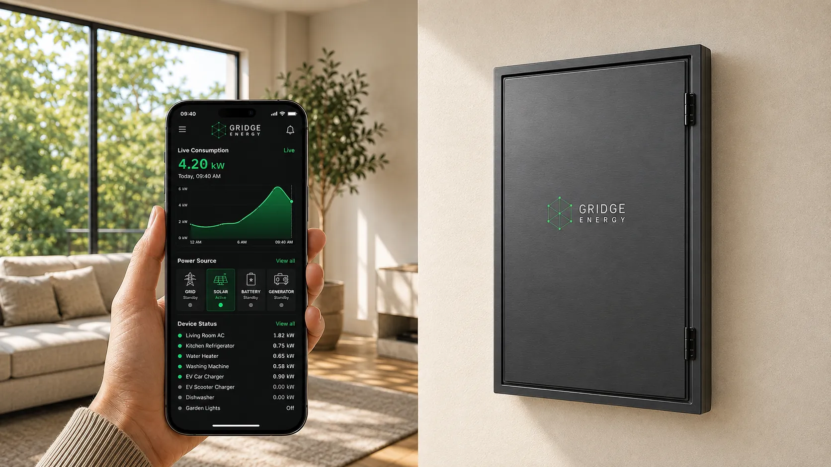 The Gridge app in hand beside a Gridge panel on a living-room wall