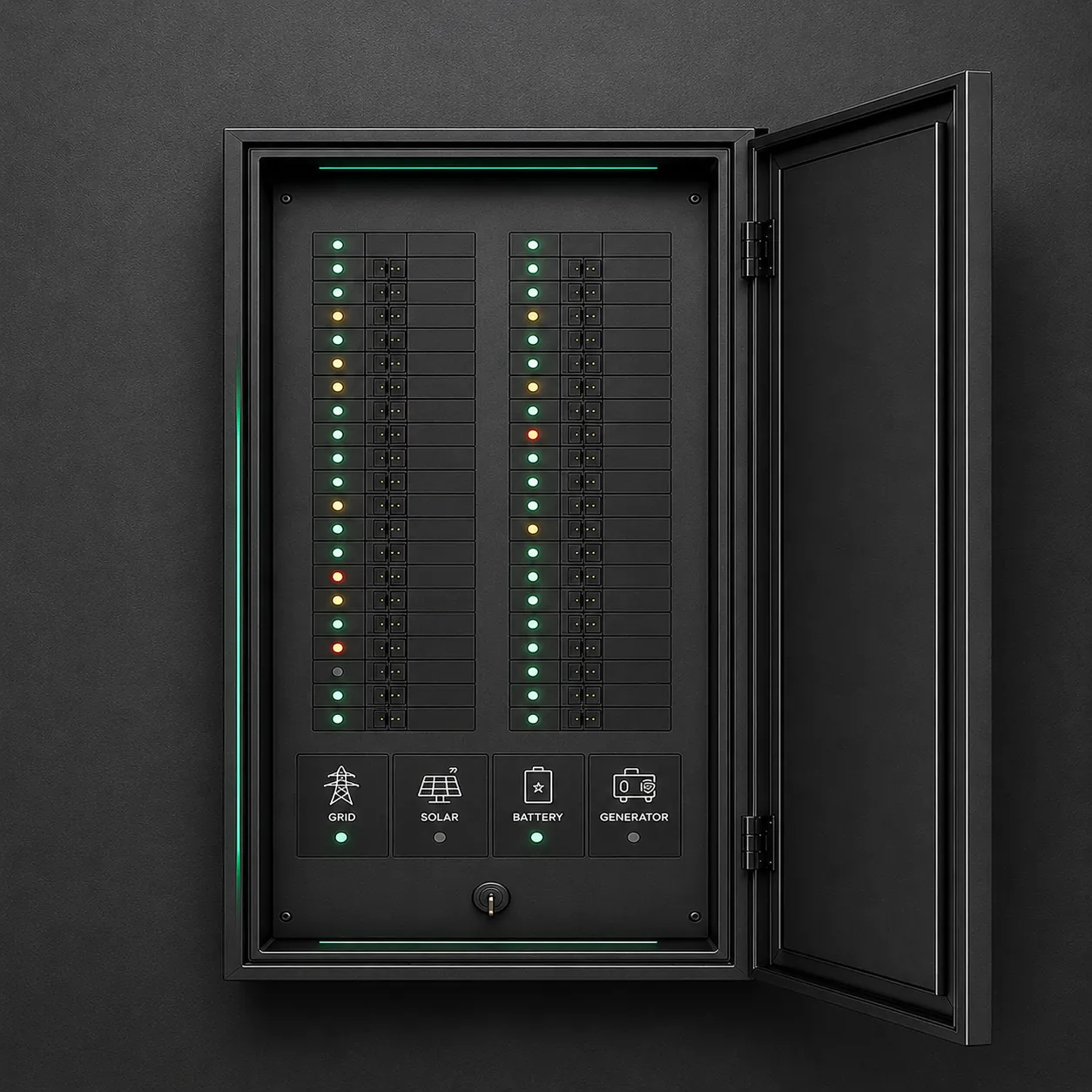 Gridge panel, open, showing labelled circuits and source status